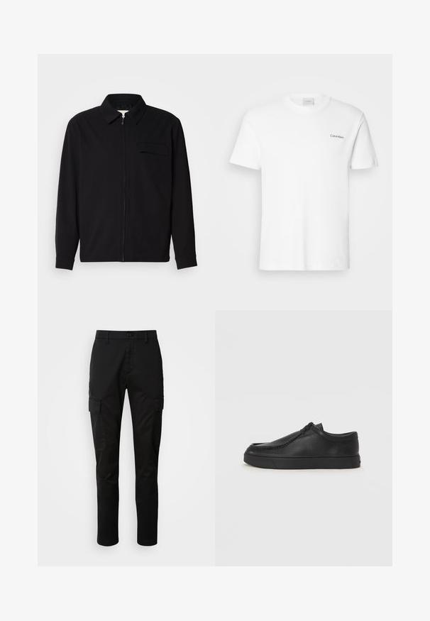 Schwarzes Langarmshirt mit Kragen, Frontreißverschluss und Brusttasche. Aus strukturiertem Stoff mit entspannter Passform.; Weißes Baumwoll-T-Shirt mit kurzen Ärmeln und Rundhalsausschnitt. Mit einem kleinen schwarzen "Calvin Klein"-Logo auf der linken Brust.; Schwarze Cargo-Hosen aus strapazierfähigem Stoff, mit geradem Bein, zwei seitlichen Cargo-Taschen und einem Knopfverschluss an der Taille.; Schwarze Leder-Schlupfschuhe mit runder Zehenform, genähten Details und schwarzer Gummisohle. Glatte Textur mit minimalistischem Design.