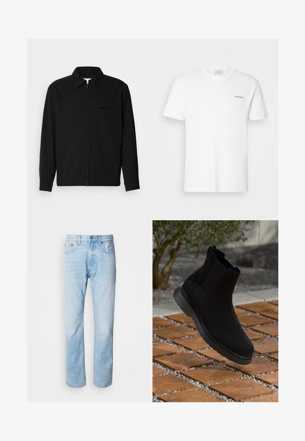 Černá dlouhá rukávová košile s límečkem, předním zipovým uzávěrem a kapsou na hrudi. Vyrobená z texturované tkaniny s uvolněným střihem.; Bílý bavlněný tričko s krátkými rukávy a kulatým výstřihem. Na levé části hrudi se nachází malé černé logo "Calvin Klein".; Světle modré džíny s rovnou nohavicí, s vybledlými částmi, pěti kapsami a klasickým zapínáním na knoflík.; Černé kotníkové boty vyrobené z hladkého materiálu s jemným prošíváním, gumovou podrážkou a elegantním designem, umístěné na povrchu s dřevěnou texturou.