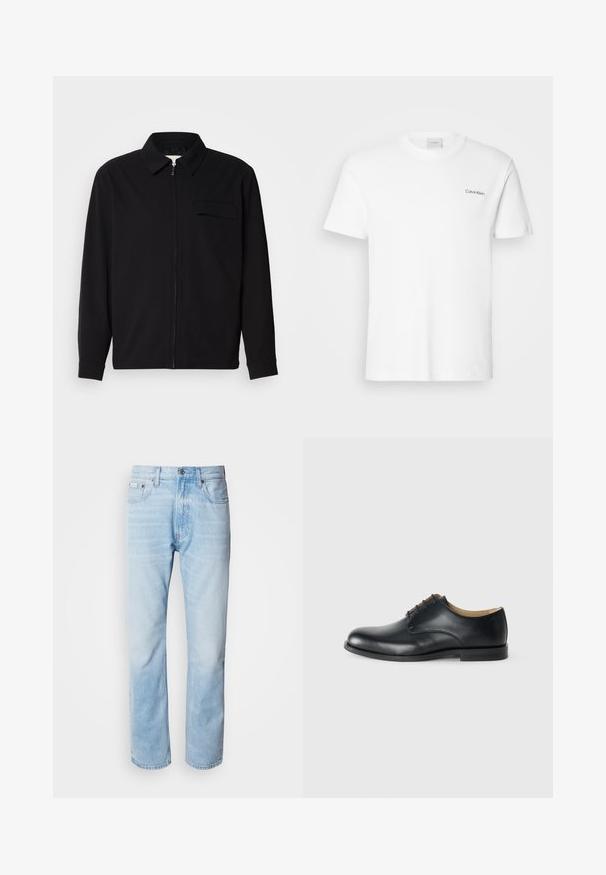 Svart långärmad skjorta med krage, framfickslås och bröstficka. Tillverkad av strukturerad tyg med avslappnad passform.; Vit bomull T-shirt med korta ärmar och rundad halsringning. Har en liten svart "Calvin Klein"-logotyp på vänster bröst.; Ljusblå denimjeans med rak benprofil, som har blekta sektioner, femficksdesign och en klassisk knäppning.; Calvin Klein Snörskor - triple black