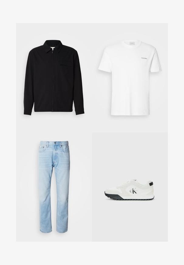 Black long-sleeve shirt featuring a collared neckline, front zip closure, and a chest pocket. Made of textured fabric with a relaxed fit.; White cotton T-shirt with short sleeves and a crew neckline. Features a small black "Calvin Klein" logo on the left chest.; Light blue denim jeans with a straight leg cut, featuring faded sections, five-pocket design, and a classic button fly.; Calvin Klein white sneaker with black sole, suede and mesh panels, CK logo on side, and Calvin Klein branding on heel and sole.
