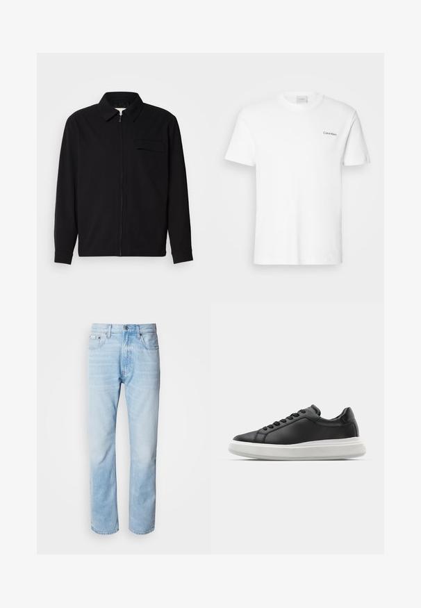 Black long-sleeve shirt featuring a collared neckline, front zip closure, and a chest pocket. Made of textured fabric with a relaxed fit.; White cotton T-shirt with short sleeves and a crew neckline. Features a small black "Calvin Klein" logo on the left chest.; Light blue denim jeans with a straight leg cut, featuring faded sections, five-pocket design, and a classic button fly.; Black leather sneaker with a smooth finish, white rubber sole, rounded shape, six eyelets for laces, and subtle branding on the heel.