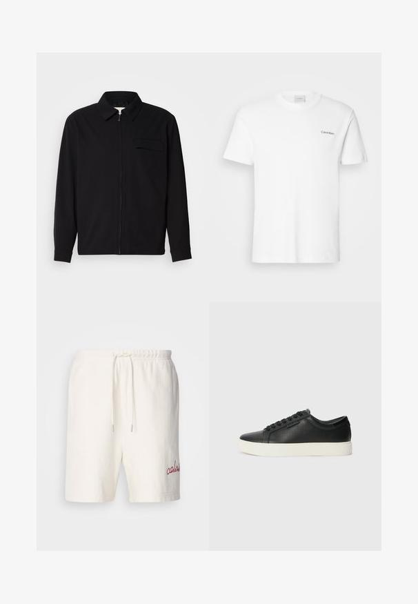 Črna dolgoročna majica z ovratnikom, sprednjim zadrgo in žepom na prsih. Narejena iz teksturirane tkanine z sproščenim krojem.; Bela bombažna majica s kratkimi rokavi in krožnim ovratnikom. Ima majhen črn logotip "Calvin Klein" na levi strani prsnega koša.; Bele bombažne kratke hlače z elastičnim pasom in vrvico. Na levem nogavici je rdeče vezeno ime "calvin". Mehka tekstura, preprost dizajn.; Črne usnjene športne copate s perforirano teksturo, okrogle toke in ravnim belim gumijastim podplatom. Imajo črne vezalke in diskreten logo ob strani.
