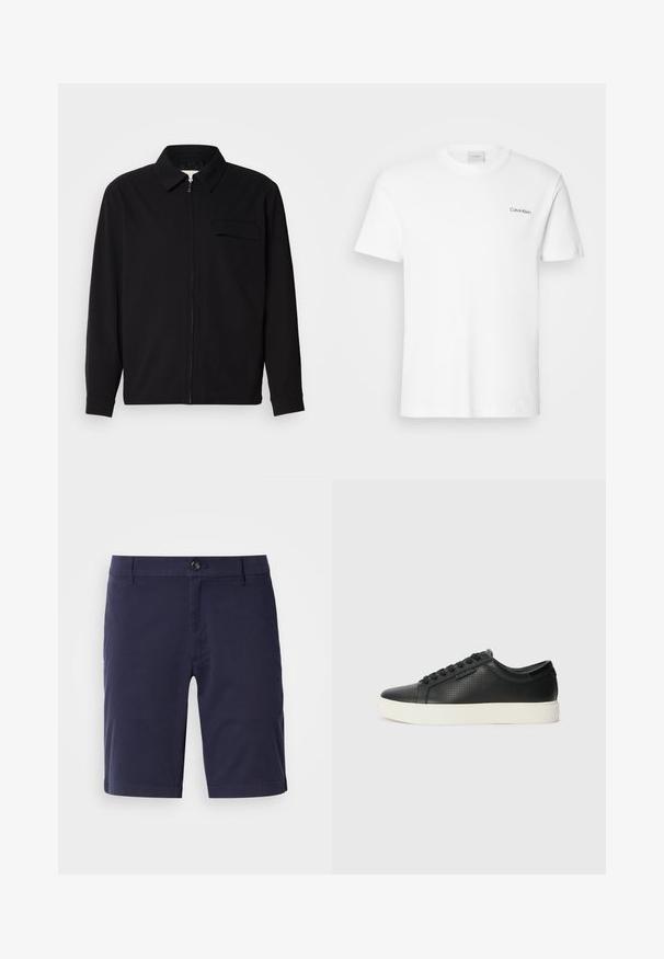 Must valgade varrukatega must särk, millel on krae, ees tõmbluku sulgemine ja rinna tasku. Valmistatud tekstuurilisest kangast ning mugav lõige.; Valge puuvillasest T-särk lühikäistega ja ümarkaelusega. Vasakul rinnal on väike must "Calvin Klein" logo.; Tumesinised lühikesed püksid, millel on lame eesmine osa, nööpkinnitus ja küljetaskud. Valmistatud kergest materjalist, millel on sile tekstuur.; Must have perforatsiooniga mustad nahast tossud, ümar varvas ja lame valge kummist tald. Omab musti paelu ja diskreetset logo küljel.