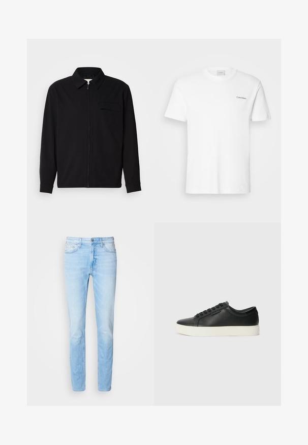 Must valgade varrukatega must särk, millel on krae, ees tõmbluku sulgemine ja rinna tasku. Valmistatud tekstuurilisest kangast ning mugav lõige.; Valge puuvillasest T-särk lühikäistega ja ümarkaelusega. Vasakul rinnal on väike must "Calvin Klein" logo.; Heledad sinine teksapüksid sirge lõikega, viie taskuga disain, nööbikinnitus ja kerge kulumine. Klassikaline õmbluse detail õmblustes.; Must have perforatsiooniga mustad nahast tossud, ümar varvas ja lame valge kummist tald. Omab musti paelu ja diskreetset logo küljel.