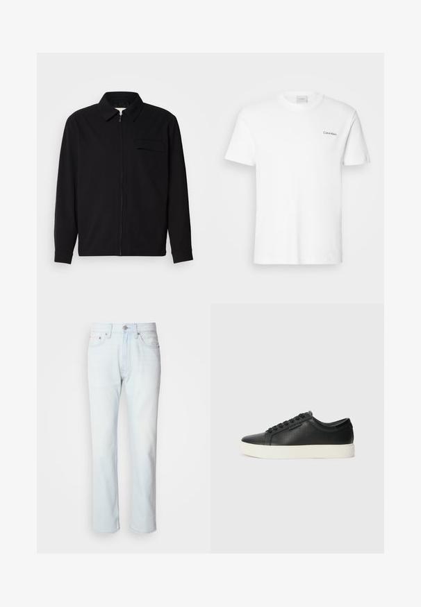 Maglietta nera a maniche lunghe con colletto, chiusura frontale con zip e taschino sul petto. Realizzata in tessuto testurizzato con una vestibilità rilassata.; T-shirt bianca in cotone con maniche corte e scollo rotondo. Presenta un piccolo logo nero "Calvin Klein" sul lato sinistro del petto.; Jeans in denim azzurro chiaro con taglio dritto. Presentano una chiusura con bottone e passanti per cintura, evidenziando una texture sbiadita e cuciture minime.; Sneaker nere in pelle con texture perforata, punta tonda e suola piatta in gomma bianca. Presentano lacci neri e un logo discreto sul lato.