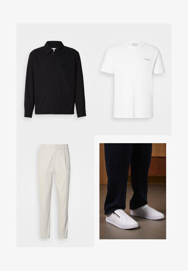 Črna dolgoročna majica z ovratnikom, sprednjim zadrgo in žepom na prsih. Narejena iz teksturirane tkanine z sproščenim krojem.; Bela bombažna majica s kratkimi rokavi in krožnim ovratnikom. Ima majhen črn logotip "Calvin Klein" na levi strani prsnega koša.; Svetlo bež krojene hlače z gladko teksturo, s pregibom spredaj in ožjim krojem. Imajo enojno gumbasto zapiranje in zanke za pas.; Beli superge z gladkim usnjenim zaključkom, ravnim podplatom in vezalnim dizajnom. Dodatna zadrga na strani povečuje funkcionalnost. Uklopljene s temnimi joggeri.