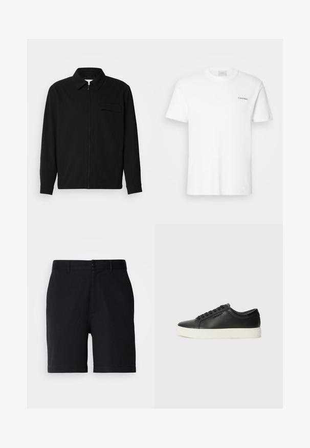 Musta pitkähihaine paita, jossa on kauluksellinen kaulus, edessä vetoketju ja rintatasku. Valmistettu teksturoidusta kankaasta, jossa on rento istuvuus.; Valkoinen puuvillapaita lyhyillä hihoilla ja pyöreällä kaula-aukolla. Vasemmassa rinnassa on pieni musta "Calvin Klein" -logo.; Mustat shortsit, jotka on valmistettu puuvillasekoitteesta, klassisella leikkauksella, etutaskuilla ja napillista suljinta vyötäröllä.; Mustat nahkasneakersit rei'itetyllä pinnalla, pyöreällä varvalla ja litteällä valkoisella kumipohjalla. Varustettu mustilla nauhoilla ja hienovaraisella logolla sivussa.