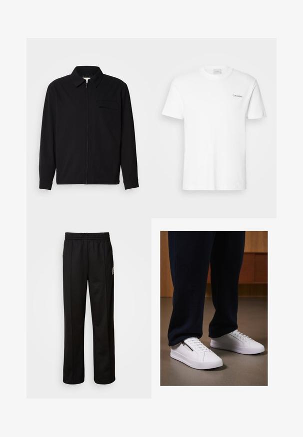 Black long-sleeve shirt featuring a collared neckline, front zip closure, and a chest pocket. Made of textured fabric with a relaxed fit.; White cotton T-shirt with short sleeves and a crew neckline. Features a small black "Calvin Klein" logo on the left chest.; Calvin Klein STRIPE - Tracksuit bottoms - black; White sneakers with a smooth leather finish, flat sole, and lace-up design. Side zipper detail adds functionality. Paired with dark joggers.