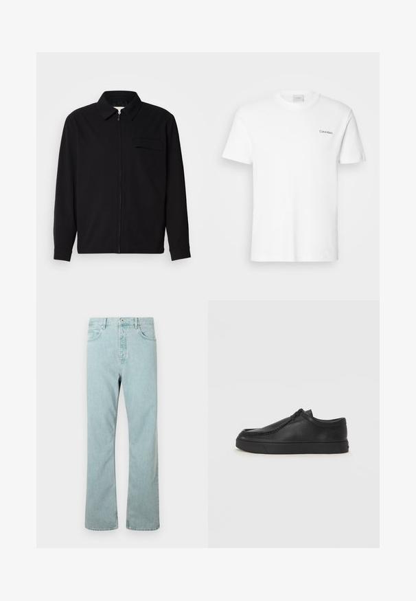 Juodas ilgomis rankovėmis marškinis, turintis apykaklės iškirptę, priekinį užtrauktuką ir krūtinės kišenę. Pagamintas iš tekstūruoto audinio, turinčio laisvą kirpimą.; Balta medvilnės marškinėliai su trumpomis rankovėmis ir apvaliu kaklu. Priekyje, kairiajame krūtinės šone, yra mažas juodas "Calvin Klein" logotipas.; Šviesiai mėlyni džinsai su tiesiomis kojomis, penkiomis kišenėmis ir vieno mygtuko uždarymu. Papuošti subtiliais siuvimo akcentais.; Juodos odinės supjamintus batelius su apvaliu pirštu, siuvinėtu akcentu ir juodu guminiu padu. Lygus tekstūra su minimalistišku dizainu.