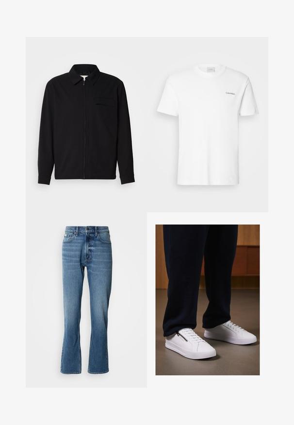 Črna dolgoročna majica z ovratnikom, sprednjim zadrgo in žepom na prsih. Narejena iz teksturirane tkanine z sproščenim krojem.; Bela bombažna majica s kratkimi rokavi in krožnim ovratnikom. Ima majhen črn logotip "Calvin Klein" na levi strani prsnega koša.; Svijetloplave traperice s ravnim krojem i blagim izrezom. Imaju pet džepova, zakopčavanje na dugme i suptilne detalje izgužvanosti.; Beli superge z gladkim usnjenim zaključkom, ravnim podplatom in vezalnim dizajnom. Dodatna zadrga na strani povečuje funkcionalnost. Uklopljene s temnimi joggeri.