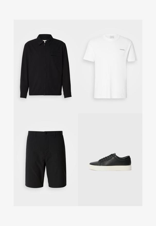 Černá dlouhá rukávová košile s límečkem, předním zipovým uzávěrem a kapsou na hrudi. Vyrobená z texturované tkaniny s uvolněným střihem.; Bílý bavlněný tričko s krátkými rukávy a kulatým výstřihem. Na levé části hrudi se nachází malé černé logo "Calvin Klein".; Černé šortky vyrobené z hladkého, lehkého materiálu. Mají knoflíkové zapínání a čistý, rovný střih bez viditelných vzorů.; Černé kožené tenisky s perforovanou texturou, kulatou špičkou a plochou bílou gumovou podrážkou. Mají černé tkaničky a jemné logo na boční straně.