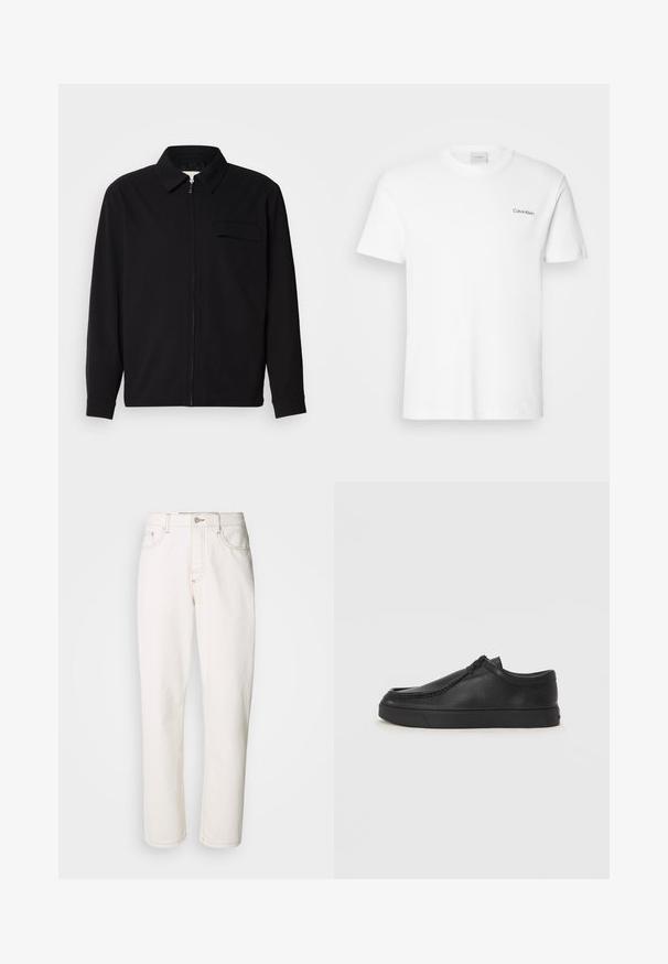 Camisa negra de manga larga que presenta un cuello con solapa, cierre frontal con cremallera y un bolsillo en el pecho. Fabricada con una tela texturizada y un corte holgado.; Camiseta de algodón blanca con mangas cortas y un escote en forma de cuello redondo. Presenta un pequeño logotipo negro de "Calvin Klein" en el lado izquierdo del pecho.; Vaqueros de mezclilla blanca con un diseño de pierna recta, que presentan costuras cosidas, un cierre de botón metálico y una construcción estándar de cinco bolsillos.; Zapato de piel negro tipo slip-on con punta redonda, detalles de costura y suela de goma negra. Textura suave con un diseño minimalista.