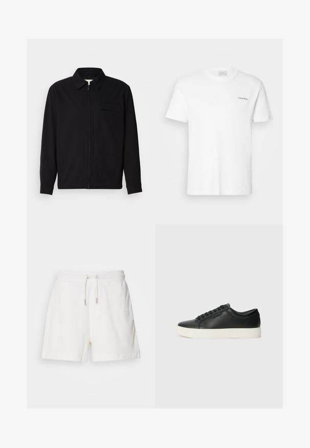 Schwarzes Langarmshirt mit Kragen, Frontreißverschluss und Brusttasche. Aus strukturiertem Stoff mit entspannter Passform.; Weißes Baumwoll-T-Shirt mit kurzen Ärmeln und Rundhalsausschnitt. Mit einem kleinen schwarzen "Calvin Klein"-Logo auf der linken Brust.; Weiße, weiche Baumwollshorts mit einem elastischen Bund, verstellbarem Kordelzug und Seitentaschen. Glatte Textur, lockere Passform und mittellange Beine.; Schwarze Leder-Sneaker mit perforierter Textur, runder Zehenpartie und flacher, weißer Gummisohle. Mit schwarzen Schnürsenkeln und einem dezenten Logo an der Seite.