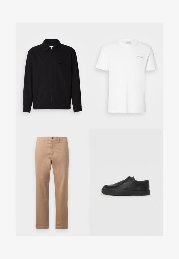 Fekete, hosszú ujjú póló, gallérral, elülső cipzárral és mellzsebbel. Texturált anyagból készült, laza szabású.; Fehér pamut póló rövid ujjakkal és kerek nyakkivágással. Bal mellkason egy kis fekete "Calvin Klein" logó található.; Könnyű pamutból készült bézs chinos nadrág, sima textúrával, cipzáros és gombos záródással. Egyenes lábbal rendelkezik, nincsenek rajta látható minták vagy díszítések.; Fekete bőr slip-on cipő lekerekített orral, varrott részletekkel és fekete gumitalppal. Simaság és minimalista dizájn jellemzi.