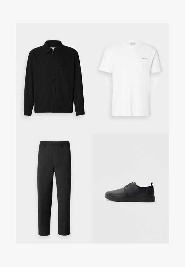 Črna dolgoročna majica z ovratnikom, sprednjim zadrgo in žepom na prsih. Narejena iz teksturirane tkanine z sproščenim krojem.; Bela bombažna majica s kratkimi rokavi in krožnim ovratnikom. Ima majhen črn logotip "Calvin Klein" na levi strani prsnega koša.; Črne hlače s ravnim krojem, izdelane iz gladkega materiala. Imajo gumbe za zapiranje in zanke za pas. Brez vidnih vzorcev ali dodatkov.; Črne usnjene športne čevlje z gladko površino, okroglo oblikovano nosilo, toniranim šivanjem, vezanjem spredaj in ravnim gumijastim podplatom. Zanko na peti.