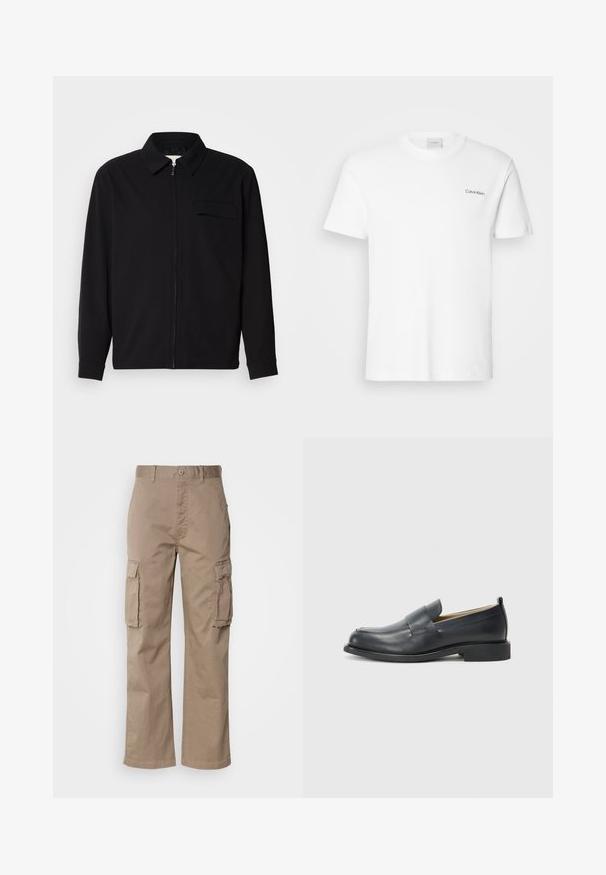 Svart langermet skjorte med krage, frontlås og brystlomme. Laget av teksturert stoff med en avslappet passform.; Hvit bomulls T-skjorte med korte ermer og rund hals. Har en liten svart "Calvin Klein" logo på venstre bryst.; Beige cargo bukser laget av bomull, med en avslappet passform, to sidelommer og knappelukking i midjen.; Sorte lærloafers med en glat overflade, en flad sål og en rund tå med en dekorativ rem over toppen.