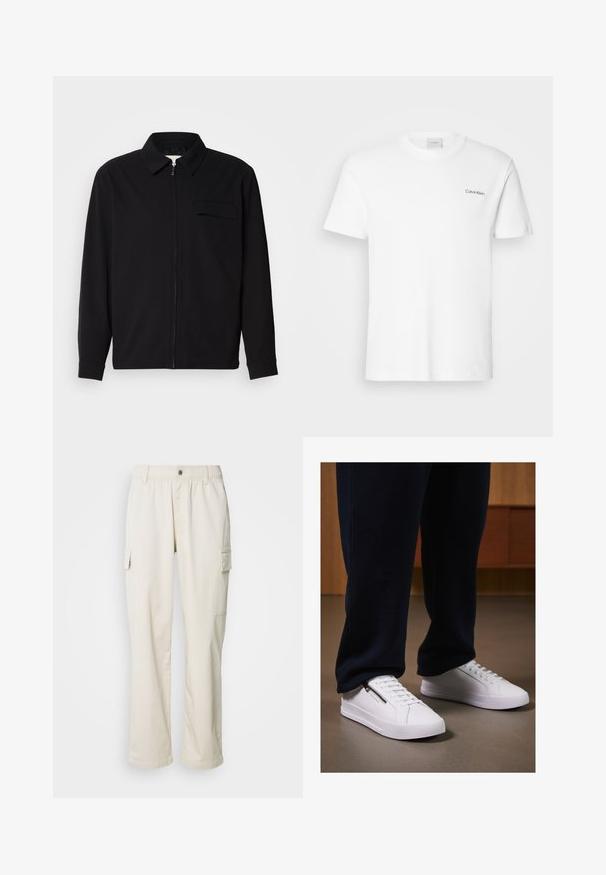 Schwarzes Langarmshirt mit Kragen, Frontreißverschluss und Brusttasche. Aus strukturiertem Stoff mit entspannter Passform.; Weißes Baumwoll-T-Shirt mit kurzen Ärmeln und Rundhalsausschnitt. Mit einem kleinen schwarzen "Calvin Klein"-Logo auf der linken Brust.; Cremfarbene Cargo-Hosen mit elastischem Bund, Seitentaschen, geradem Bein und einer glatten, leichten Stofftextur.; Weiße Sneaker aus glattem Leder, mit flacher Sohle und Schnürdesign. Details mit seitlichem Reißverschluss erhöhen die Funktionalität. Kombiniert mit dunklen Jogginghosen.