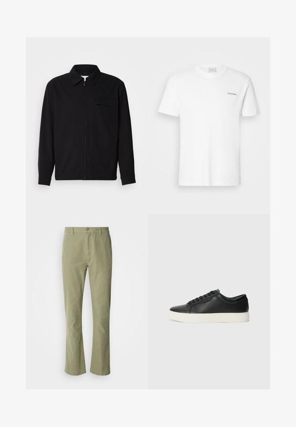 Fekete, hosszú ujjú póló, gallérral, elülső cipzárral és mellzsebbel. Texturált anyagból készült, laza szabású.; Fehér pamut póló rövid ujjakkal és kerek nyakkivágással. Bal mellkason egy kis fekete "Calvin Klein" logó található.; Világos zöld pamut nadrág egyenes lábbal, elülső gombos záródással és finom textúrával. Nincsenek látható minták vagy díszítések.; Fekete bőr sportcipők perforált textúrával, kerek orral és lapos fehér gumi talppal. Fekete fűzőkkel és diszkrét logóval az oldalon.