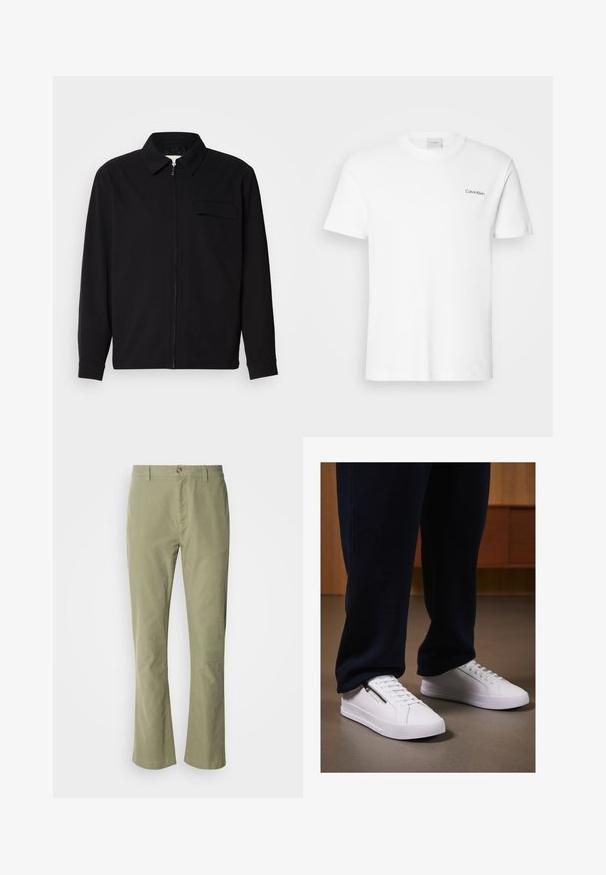 Fekete, hosszú ujjú póló, gallérral, elülső cipzárral és mellzsebbel. Texturált anyagból készült, laza szabású.; Fehér pamut póló rövid ujjakkal és kerek nyakkivágással. Bal mellkason egy kis fekete "Calvin Klein" logó található.; Világos zöld pamut nadrág egyenes lábbal, elülső gombos záródással és finom textúrával. Nincsenek látható minták vagy díszítések.; Fehér sneakers, sima bőr felülettel, lapos talppal és fűzős dizájnnal. Oldalsó cipzár részlet a funkcionalitás érdekében. Sötét jogging nadrággal párosítva.