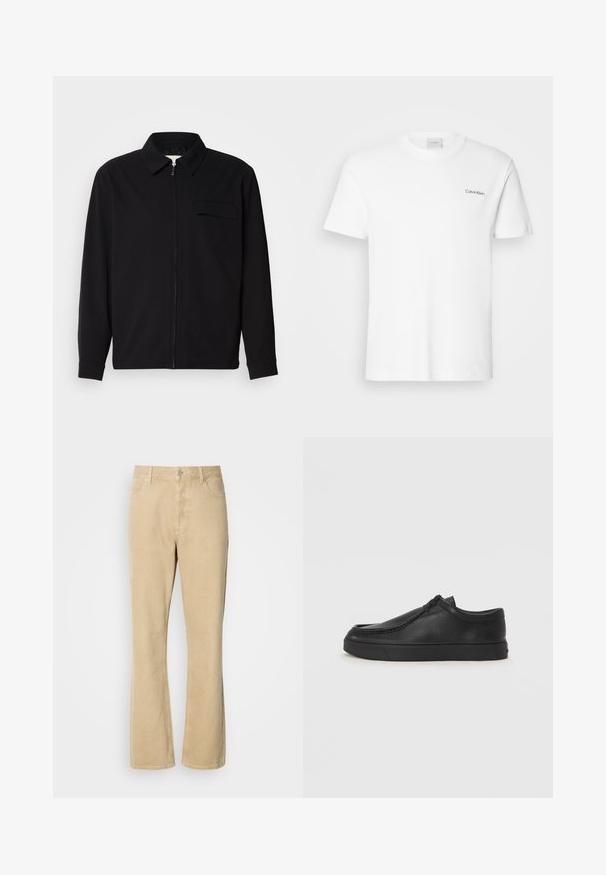 Maglietta nera a maniche lunghe con colletto, chiusura frontale con zip e taschino sul petto. Realizzata in tessuto testurizzato con una vestibilità rilassata.; T-shirt bianca in cotone con maniche corte e scollo rotondo. Presenta un piccolo logo nero "Calvin Klein" sul lato sinistro del petto.; Pantaloni a zampa d'elefante in corduroy beige con chiusura a bottone e cerniera, dotati di cinque tasche e cuciture visibili lungo le gambe. Texture liscia.; Scarpa slip-on in pelle nera con punta arrotondata, dettagli cuciti e suola in gomma nera. Texture liscia con design minimalista.