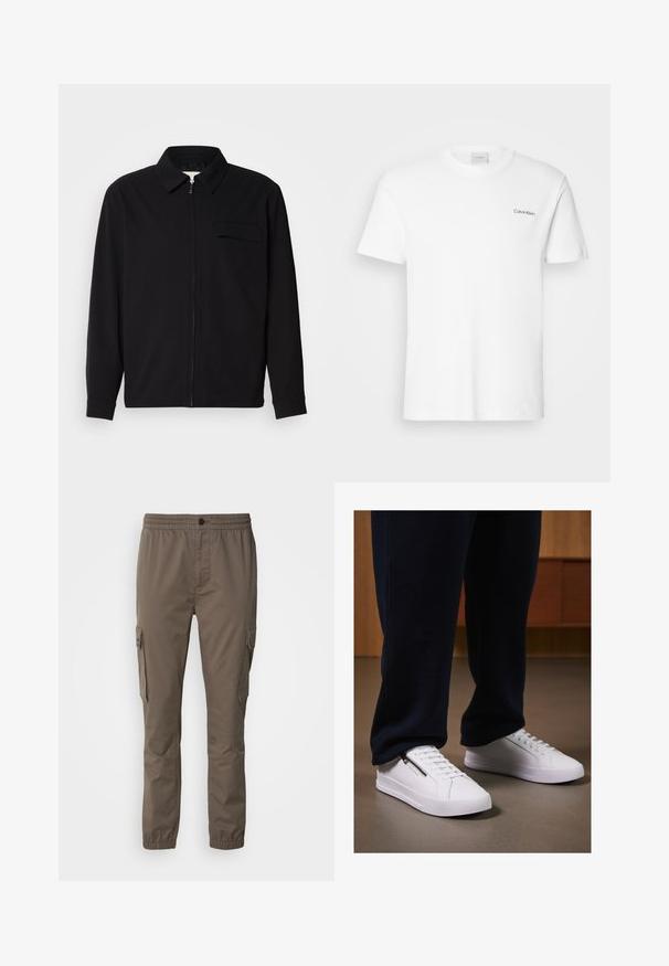 Black long-sleeve shirt featuring a collared neckline, front zip closure, and a chest pocket. Made of textured fabric with a relaxed fit.; White cotton T-shirt with short sleeves and a crew neckline. Features a small black "Calvin Klein" logo on the left chest.; Cargo pants in a muted brown color, featuring an elastic waistband, side pockets, and a smooth texture. Lightweight, casual design.; White sneakers with a smooth leather finish, flat sole, and lace-up design. Side zipper detail adds functionality. Paired with dark joggers.