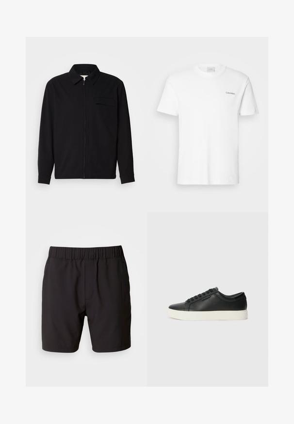 Černá dlouhá rukávová košile s límečkem, předním zipovým uzávěrem a kapsou na hrudi. Vyrobená z texturované tkaniny s uvolněným střihem.; Bílý bavlněný tričko s krátkými rukávy a kulatým výstřihem. Na levé části hrudi se nachází malé černé logo "Calvin Klein".; Černé šortky z pružného materiálu, s elastickým pasem, bočními kapsami a jednoduchým, čistým designem. Bez vzorů nebo akcentů.; Černé kožené tenisky s perforovanou texturou, kulatou špičkou a plochou bílou gumovou podrážkou. Mají černé tkaničky a jemné logo na boční straně.