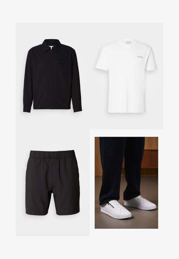 Camisa preta de manga longa com gola, fecho frontal com zíper e bolso no peito. Feita de um tecido texturizado com um corte descontraído.; Camiseta de algodão branca com mangas curtas e decote redondo. Apresenta um pequeno logótipo preto "Calvin Klein" no lado esquerdo do peito.; Calções negros feitos de tecido elástico, com um cós elástico, bolsos laterais e um design simples e limpo. Sem padrões ou detalhes.; Sapatilhas brancas com um acabamento em couro liso, sola plana e design com atacadores. O detalhe do fecho lateral acrescenta funcionalidade. Combinadas com calças de jogging escuras.