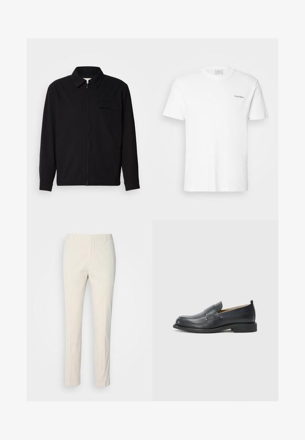 Chemise noire à manches longues avec un col, fermeture éclair à l'avant et une poche poitrine. Fabriquée en tissu texturé avec une coupe décontractée.; T-shirt en coton blanc à manches courtes et col rond. Présente un petit logo noir "Calvin Klein" sur la poitrine gauche.; Pantalons ajustés de couleur crème en tissu texturé. Présentent une coupe droite, des passants de ceinture et deux poches avant. Sans motifs.; Mocassins en cuir noir avec une finition lisse, une semelle plate et un bout arrondi, ornés d'une sangle décorative sur le dessus.