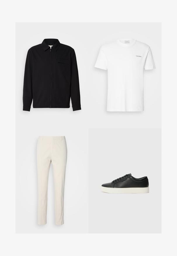 Black long-sleeve shirt featuring a collared neckline, front zip closure, and a chest pocket. Made of textured fabric with a relaxed fit.; White cotton T-shirt with short sleeves and a crew neckline. Features a small black "Calvin Klein" logo on the left chest.; Cream-colored tailored pants with a textured fabric. Features a straight leg design, belt loops, and two front pockets. No patterns.; Black leather sneakers with perforated texture, round toe, and flat white rubber sole. Features black laces and a subtle logo on the side.