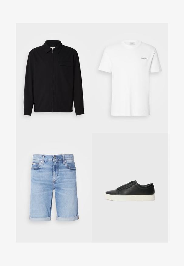 Camisa negra de manga larga que presenta un cuello con solapa, cierre frontal con cremallera y un bolsillo en el pecho. Fabricada con una tela texturizada y un corte holgado.; Camiseta de algodón blanca con mangas cortas y un escote en forma de cuello redondo. Presenta un pequeño logotipo negro de "Calvin Klein" en el lado izquierdo del pecho.; Pantalones cortos de mezclilla azul claro con corte recto, dobladillo enrollado, diseño de cinco bolsillos y cierre de un solo botón en la cintura.; Zapatillas de cuero negro con textura perforada, puntera redonda y suela plana de goma blanca. Presenta cordones negros y un logo sutil en el costado.