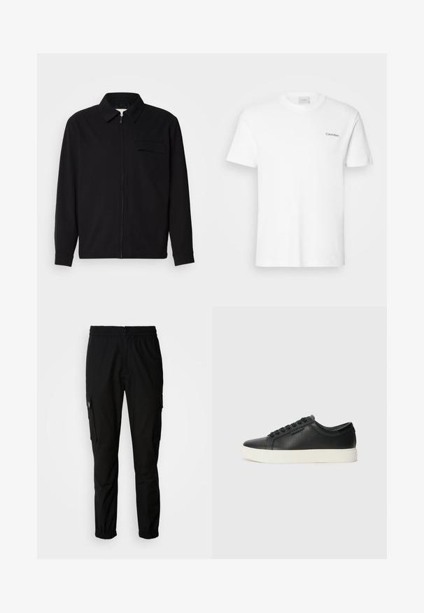 Black long-sleeve shirt featuring a collared neckline, front zip closure, and a chest pocket. Made of textured fabric with a relaxed fit.; White cotton T-shirt with short sleeves and a crew neckline. Features a small black "Calvin Klein" logo on the left chest.; Black cargo pants made of fabric, featuring an elastic waistband, button closure, and multiple side pockets with flaps.; Black leather sneakers with perforated texture, round toe, and flat white rubber sole. Features black laces and a subtle logo on the side.