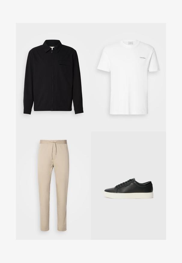 Svart langermet skjorte med krage, frontlås og brystlomme. Laget av teksturert stoff med en avslappet passform.; Hvit bomulls T-skjorte med korte ermer og rund hals. Har en liten svart "Calvin Klein" logo på venstre bryst.; Beige bukser med elastisk talje og snore. Har et lige ben-design, lavet af en glat stof.; Sorte lær sneakers med perforert tekstur, rund tå og flat hvit gummisåle. Har sorte snørebånd og en subtil logo på siden.