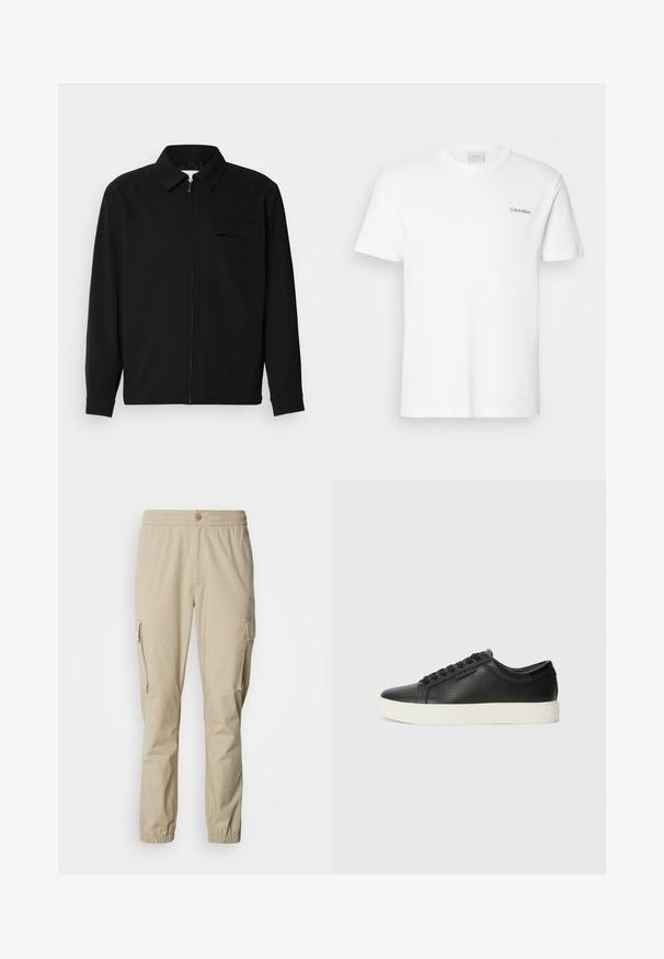 Svart långärmad skjorta med krage, framfickslås och bröstficka. Tillverkad av strukturerad tyg med avslappnad passform.; Vit bomull T-shirt med korta ärmar och rundad halsringning. Har en liten svart "Calvin Klein"-logotyp på vänster bröst.; Beige cargobyxor med elastisk midja, knäppning, sidofickor och elastiska muddar vid anklarna, tillverkade av lättviktsmaterial.; Svarta lädersneakers med perforerad textur, rund tå och platt vit gummisula. Har svarta snören och en diskret logotyp på sidan.