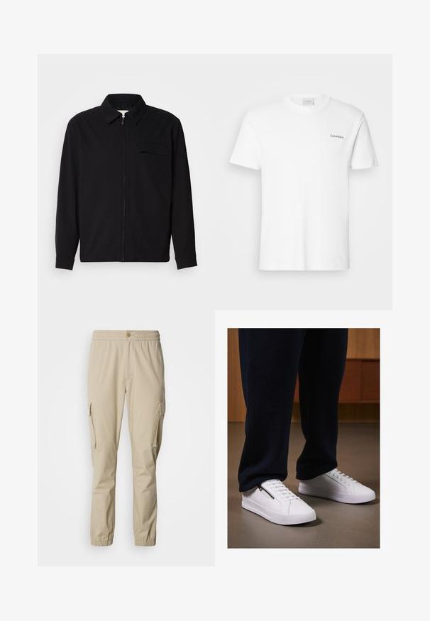 Zwarte lange mouwen shirt met een kraaghals, voorste rits sluiting en een borstzak. Gemaakt van een gestructureerde stof met een relaxte pasvorm.; Witte katoen T-shirt met korte mouwen en een ronde hals. Bevat een klein zwart "Calvin Klein" logo op de linkerborst.; Beige cargo joggers met een elastische tailleband, knoopsluiting, zijzakken en elastische boorden bij de enkels, gemaakt van lichte stof.; Witte sneakers met een gladde leren afwerking, platte zool en vetersluiting. Zijdelingse ritsdetail voegt functionaliteit toe. Gecombineerd met donkere joggers.