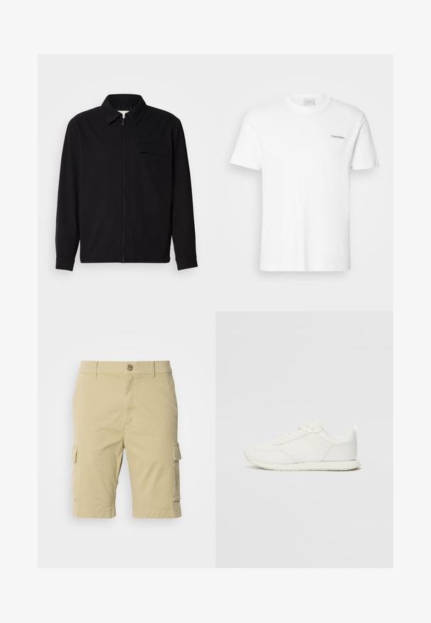 Čierna košeľa s dlhým rukávom, so golierom, predným zipsom a vreckom na hrudi. Vyrobená z textúrovanej tkaniny s voľným strihom.; Biela bavlnená tričko s krátkymi rukávmi a okrúhlym výstrihom. Na ľavej strane hrude sa nachádza malé čierne logo "Calvin Klein".; Khaki cargo šortky vyrobené z bavlny s hladkou textúrou, s bočnými vreckami a zapínaním na gombík v páse.; Biele tenisky s sieťovaným a syntetickým zvrškom, okrúly špička, ploché šnúrky a štruktúrovaný pruh na boku. Gumová podrážka s pútkom na zadnej strane.