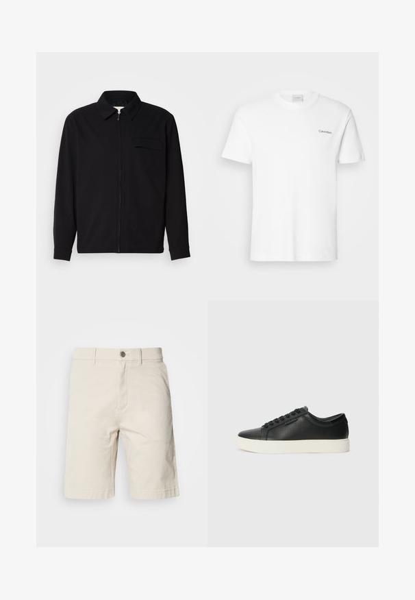 Melna garām piedurknēm krekls ar apkakles izgriezumu, priekšējo rāvējslēdzēju un krūšu kabatu. Izgatavots no teksturēta auduma ar brīvu piegriezumu.; Balts kokvilnas T-krekls ar īsām piedurknēm un apaļu kakla izgriezumu. Ar mazu melnu "Calvin Klein" logotipu kreisajā krūtīs.; Beige kokvilnas šorti ar taisnu griezumu, ar priekšējo pogu un rāvējslēdzēja aizdari, sānu kabatām un šūtām malām.; Melnas ādas sporta kurpes ar perforētu tekstūru, apaļu purngalu un plakanu baltu gumijas zoli. Ar melniem šņorējumiem un smalku logo sānos.