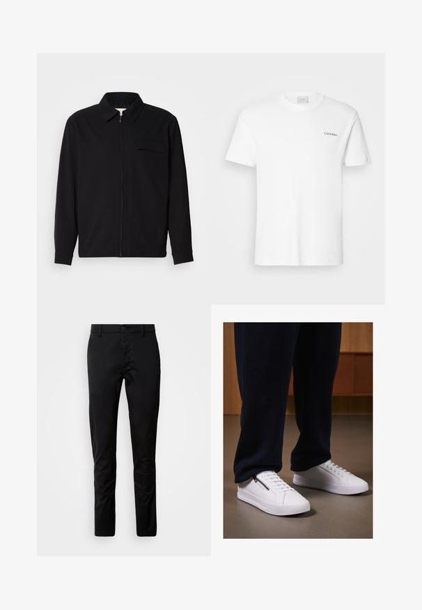 Črna dolgoročna majica z ovratnikom, sprednjim zadrgo in žepom na prsih. Narejena iz teksturirane tkanine z sproščenim krojem.; Bela bombažna majica s kratkimi rokavi in krožnim ovratnikom. Ima majhen črn logotip "Calvin Klein" na levi strani prsnega koša.; Črne hlače slim fit kroja, narejene iz gladkega blaga. Imajo pas z gumbom in ravne hlačnice.; Beli superge z gladkim usnjenim zaključkom, ravnim podplatom in vezalnim dizajnom. Dodatna zadrga na strani povečuje funkcionalnost. Uklopljene s temnimi joggeri.