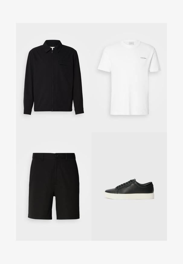 Cămașă neagră cu mânecă lungă, având guler, închidere cu fermoar pe față și buzunar pe piept. Fabricată dintr-un material texturat cu o croială lejeră.; T-shirt alb din bumbac, cu mâneci scurte și guler rotund. Are un mic logo negru "Calvin Klein" pe partea stângă a pieptului.; Pantaloni scurți negri dintr-un material neted, cu închidere printr-un singur nasture și bucle pentru curea, cu deschideri drepte și fără modele vizibile.; Adidași din piele neagră cu textură perforată, vârf rotund și talpă plată din cauciuc alb. Au șireturi negre și un logo subtil pe lateral.