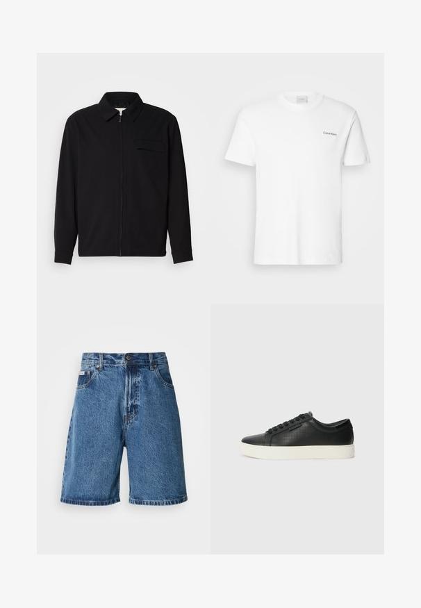 Camisa negra de manga larga que presenta un cuello con solapa, cierre frontal con cremallera y un bolsillo en el pecho. Fabricada con una tela texturizada y un corte holgado.; Camiseta de algodón blanca con mangas cortas y un escote en forma de cuello redondo. Presenta un pequeño logotipo negro de "Calvin Klein" en el lado izquierdo del pecho.; Shorts de mezclilla en azul desgastado, con un diseño de cintura alta, dos bolsillos frontales, detalles de costura y un cierre de botón.; Zapatillas de cuero negro con textura perforada, puntera redonda y suela plana de goma blanca. Presenta cordones negros y un logo sutil en el costado.