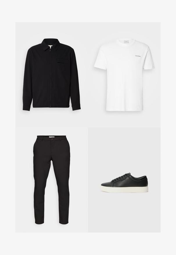 Chemise noire à manches longues avec un col, fermeture éclair à l'avant et une poche poitrine. Fabriquée en tissu texturé avec une coupe décontractée.; T-shirt en coton blanc à manches courtes et col rond. Présente un petit logo noir "Calvin Klein" sur la poitrine gauche.; Pantalons noirs ajustés avec une coupe slim. Comprend une fermeture à glissière, un bouton, des poches latérales et un tissu lisse et léger.; Baskets en cuir noir avec texture perforée, bout rond et semelle en caoutchouc blanc plat. Dispose de lacets noirs et d'un logo discret sur le côté.