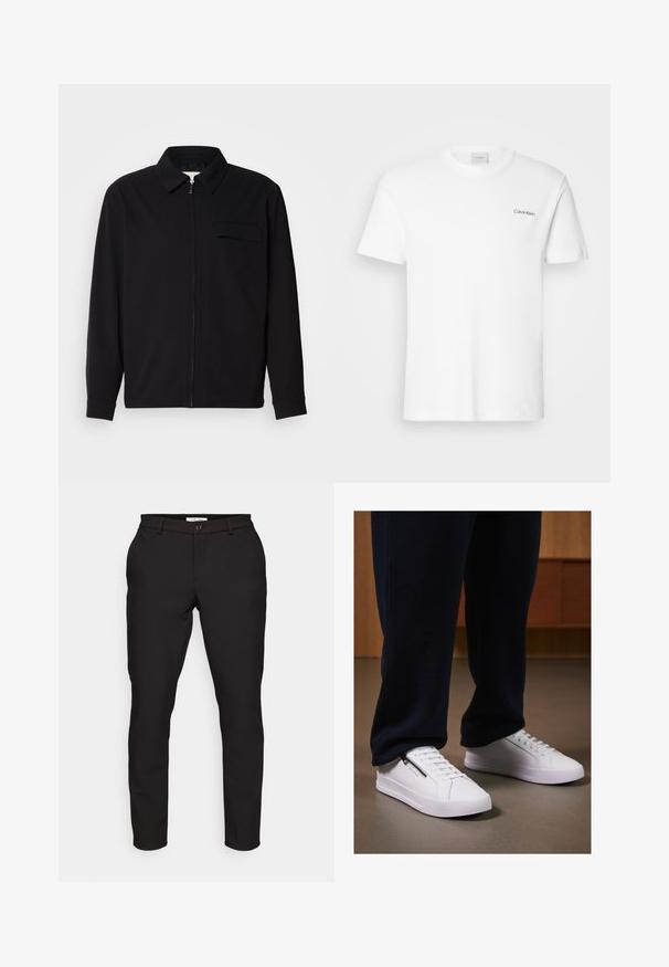Sort langærmet skjorte med krave, frontlynlås og brystlomme. Lavet af struktureret stof med en afslappet pasform.; Hvid bomulds T-shirt med korte ærmer og rund halsudskæring. Har et lille sort "Calvin Klein" logo på venstre bryst.; Sorte skræddersyede bukser med slim fit. Har lynlås, knaplukning, sidelommer og et glat, let stof.; Hvide sneakers med en glat læderfinish, flad sål og snørebåndsdesign. Lynlåsdetaillen på siden tilføjer funktionalitet. Sammen med mørke joggers.