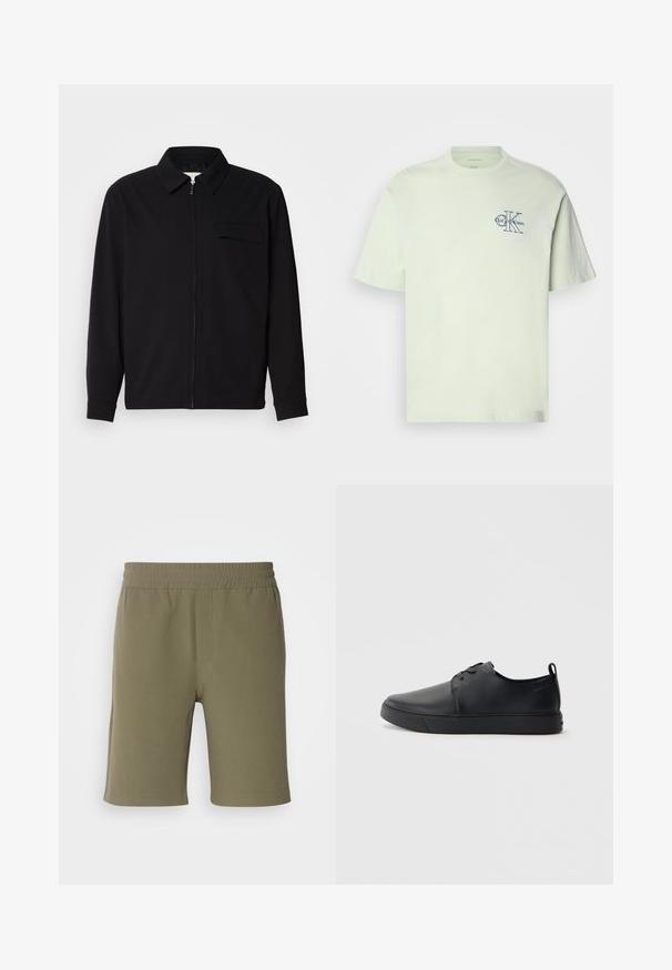 Juodas ilgomis rankovėmis marškinis, turintis apykaklės iškirptę, priekinį užtrauktuką ir krūtinės kišenę. Pagamintas iš tekstūruoto audinio, turinčio laisvą kirpimą.; Šviesiai žalia medvilnės marškinėliai su trumpomis rankovėmis, apvaliu kaklu ir mėlynu logotipu, kuriame parašyta „Calvin Klein“ ir „CK“ kairiajame krūtinės plote.; Alavardo žalios spalvos šortai su elastinga juostos, tiesiu kirpimu ir lygia tekstūra. Paprastas dizainas be kišenių ar puošmenų.; Juodos odinės sportinės bateliai su lygiu paviršium, suapvalinta nosimi, toniniais siūlais, raištelių užsegimu priekyje ir plokščiu guminiu padu. Kilpelė ant kulno.