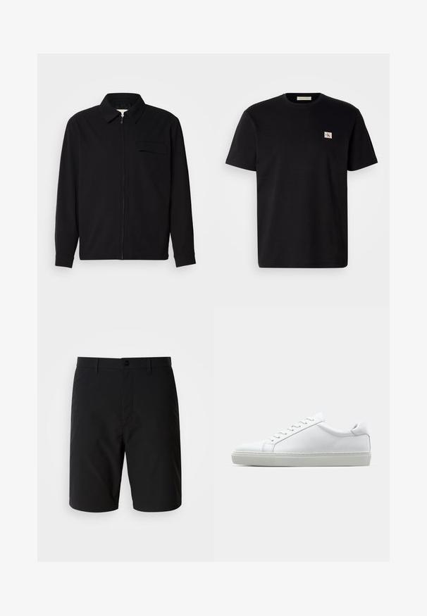 Camisa negra de manga larga que presenta un cuello con solapa, cierre frontal con cremallera y un bolsillo en el pecho. Fabricada con una tela texturizada y un corte holgado.; Camiseta de algodón negra de manga corta, cuello redondo y un pequeño logo bordado en el lado izquierdo del pecho. Textura suave, corte regular.; Bermudas negras fabricadas con un tejido suave y ligero. Cuentan con un cierre de botón y un corte limpio y recto sin patrones visibles.; Zapatilla blanca con parte superior de cuero liso y perfil bajo. Presenta una puntera redondeada, seis ojales y una suela de goma texturizada.
