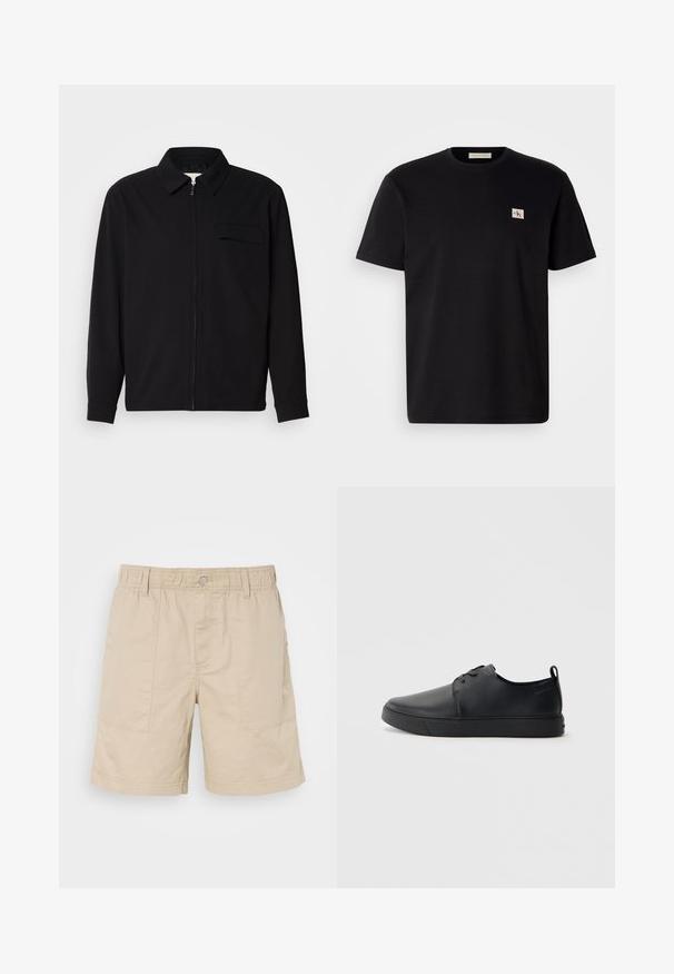 Čierna košeľa s dlhým rukávom, so golierom, predným zipsom a vreckom na hrudi. Vyrobená z textúrovanej tkaniny s voľným strihom.; Čierne bavlnené tričko s krátkymi rukávmi, okrúhlym výstrihom a malým vyšitým logom na ľavej hrudi. Hladká textúra, štandardný strih.; Béžové bavlnené šortky s elastickým pásom, predným gombíkom a dvoma bočnými vreckami. Majú jemné prešívanie a malé logo na boku.; Čierne kožené tenisky s hladkým povrchom, zaoblenou špičkou, tonálnym šitím, šnurovaním vpredu a plochou gumovou podrážkou. Obojok na päte.