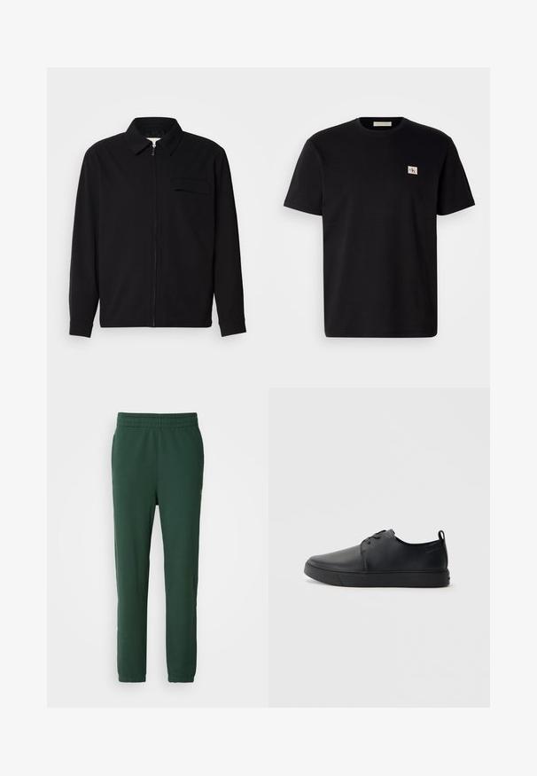 Black long-sleeve shirt featuring a collared neckline, front zip closure, and a chest pocket. Made of textured fabric with a relaxed fit.; Black cotton t-shirt with short sleeves, crew neck, and a small embroidered logo on the left chest. Smooth texture, regular fit.; Green jogger pants made of soft cotton. Features an elastic waistband and tapered legs, with a small logo on the lower side.; Black leather sneaker with a smooth finish, rounded toe, tonal stitching, lace-up front, and a flat rubber sole. Loop at the heel.