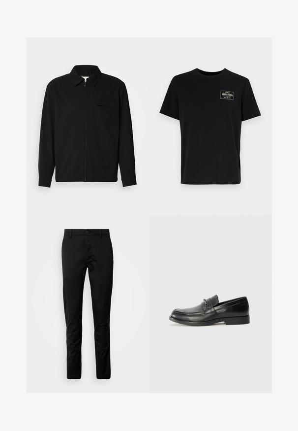 Svart langermet skjorte med krage, frontlås og brystlomme. Laget av teksturert stoff med en avslappet passform.; Svart bomull t-skjorte med korte ermer og rund hals. Har en rektangulær logo-patch i hvitt og gull på øvre venstre bryst.; Sorte bukser med slim fit, laget av glatt stoff. Har en livlinning med knappelukking og rettskårne ben.; Sorte skinnloafers med rund tå, med en sydd design, en liten frontrem med detaljer i metall, og såle i gummi som er flat.