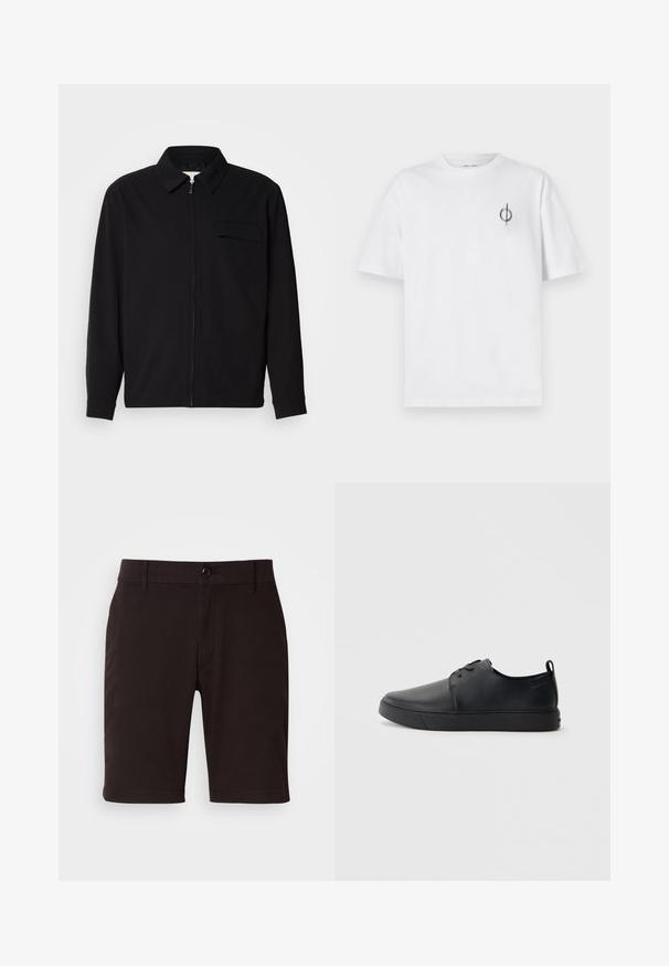 Melna garām piedurknēm krekls ar apkakles izgriezumu, priekšējo rāvējslēdzēju un krūšu kabatu. Izgatavots no teksturēta auduma ar brīvu piegriezumu.; Bāla kokvilnas t-kreklu ar brīvu piegulšanu, kuram uz kreisā krūšu apvidus ir neliels melns grafiskais logotips. Īsas piedurknes, apaļas kakla izgriezums.; Melnas šortas, izgatavotas no gludas auduma, ar pogu aizdari, jostu cilpām un tīrām līnijām. Garums sasniedz nedaudz virs ceļa.; Melnas ādas kedas ar gludu apdari, noapaļota purngala, tonāla šuvēm, auklu fronti un plakanu gumijas zoli. Cilpa pie papēža.