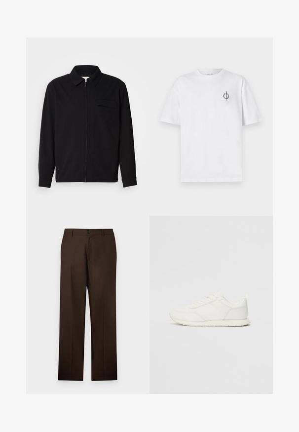 Čierna košeľa s dlhým rukávom, so golierom, predným zipsom a vreckom na hrudi. Vyrobená z textúrovanej tkaniny s voľným strihom.; Biela bavlnená tričko s voľným strihom, s malým čiernym grafickým logom na ľavej strane hrudníka. Krátke rukávy, okrúhly výstrih.; Hnedé, strihané nohavice s rovným strihom, zapínanie na gombík a hladká textúra látky. Žiadne viditeľné vzory ani akcenty.; Biele tenisky s sieťovaným a syntetickým zvrškom, okrúly špička, ploché šnúrky a štruktúrovaný pruh na boku. Gumová podrážka s pútkom na zadnej strane.