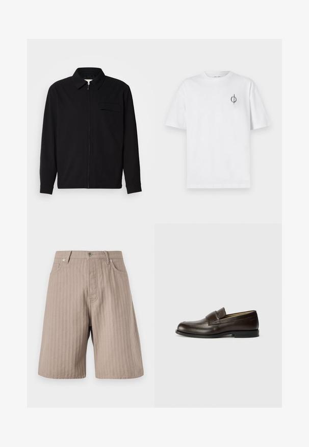 Chemise noire à manches longues avec un col, fermeture éclair à l'avant et une poche poitrine. Fabriquée en tissu texturé avec une coupe décontractée.; T-shirt en coton blanc avec une coupe décontractée, présentant un petit logo graphique noir sur le côté gauche de la poitrine. Manches courtes, col rond.; Shorts marron clair à rayures fines avec une coupe droite. Comprend une fermeture éclair sur le devant, deux poches latérales et une fermeture à bouton en métal.; Calvin Klein Chaussons - cocoa brown