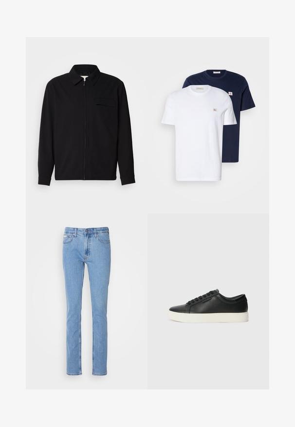 Camisa negra de manga larga que presenta un cuello con solapa, cierre frontal con cremallera y un bolsillo en el pecho. Fabricada con una tela texturizada y un corte holgado.; Pack de camisetas de algodón en blanco y marino. Cada una cuenta con cuello redondo, mangas cortas y un pequeño parche con el logo en el pecho.; Jeans de mezclilla de color azul claro con un diseño de pierna recta, estilo de cinco bolsillos y una cintura estándar con un lazo para cinturón.; Zapatillas de cuero negro con textura perforada, puntera redonda y suela plana de goma blanca. Presenta cordones negros y un logo sutil en el costado.